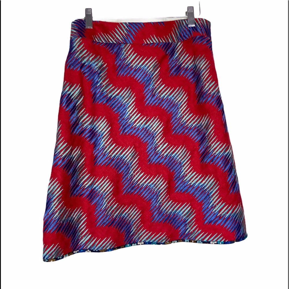 Etcetera Trapezoid Flare Skirt Side Zipper Red Aqua Blue Floral Wrap Hem Sz 6